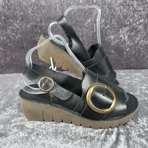 Fly London Black Leather Wedges with Brown Sole